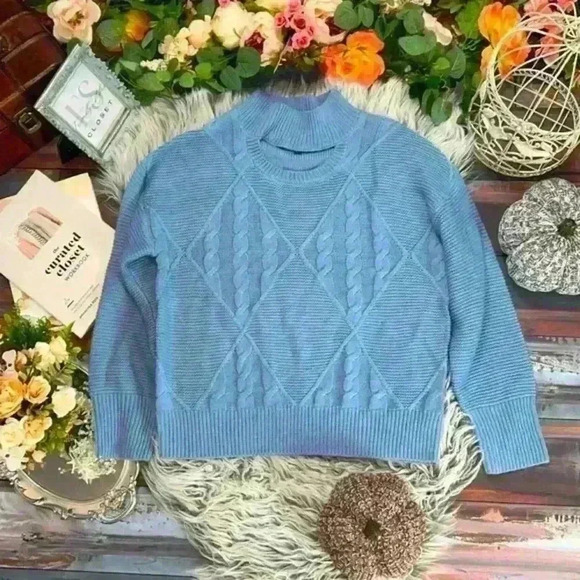 Steve Madden Sweater Cornflower Blue Cable Knit Cutout Neck Pullover Boho, L - Picture 1 of 7
